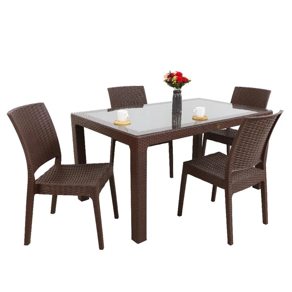 Norino Mandella Elit Rattan 90x150 4 kişilik Elit Sandalye Camlı Masa Takımı Kahverengi ürün görseli 1