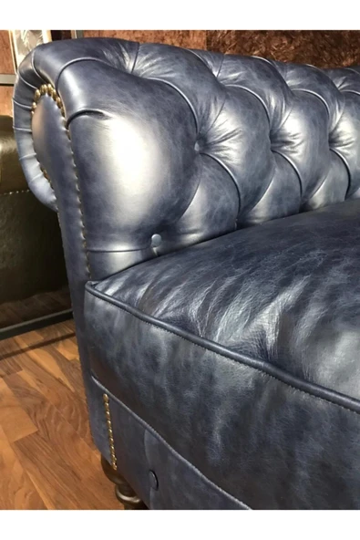 3A Mobilya Lacivert Hakiki Deri Kanepe - Resim 6