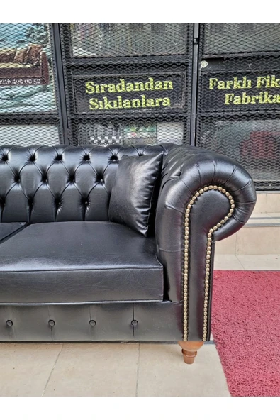 3A Mobilya Black Deri Chesterfield - Resim 4