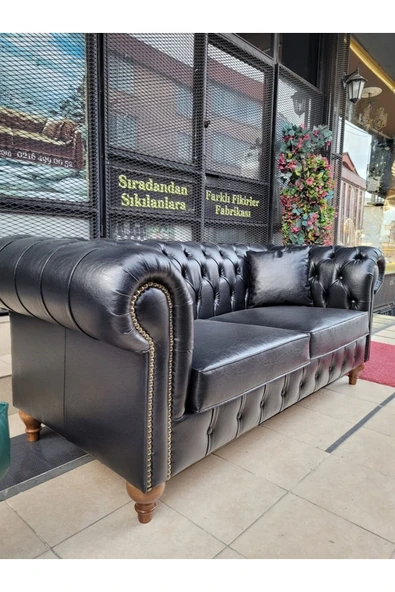 3A Mobilya Black Deri Chesterfield - Resim 6