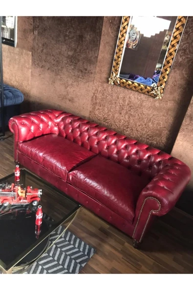 3A Mobilya Premium Red Hakiki Deri Chesterfield - Resim 2