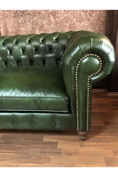 3A Mobilya Maya Yeşil Hakiki Deri Chesterfield - Resim 5