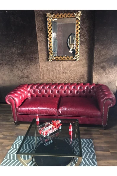 3A Mobilya Premium Red Hakiki Deri Chesterfield - Resim 4