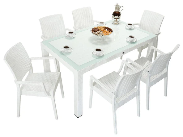 Norino Mandella Elit Rattan 90x150 Elit Koltuk Camlı Masa Takımı BEYAZ ürün görseli 1