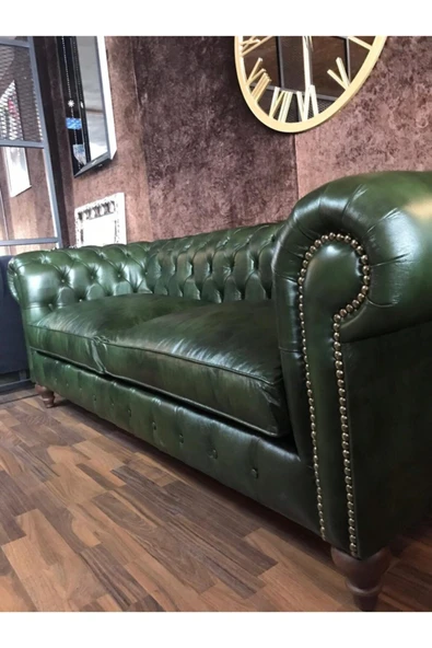 3A Mobilya Maya Yeşil Hakiki Deri Chesterfield - Resim 7