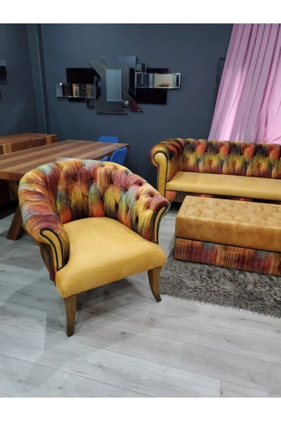 3A Mobilya Ely Chesterfield Berjer Ve Puf Takımı ürün görseli 1