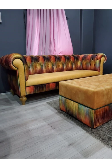3A Mobilya Ely Chesterfield Berjer Ve Puf Takımı - Resim 2