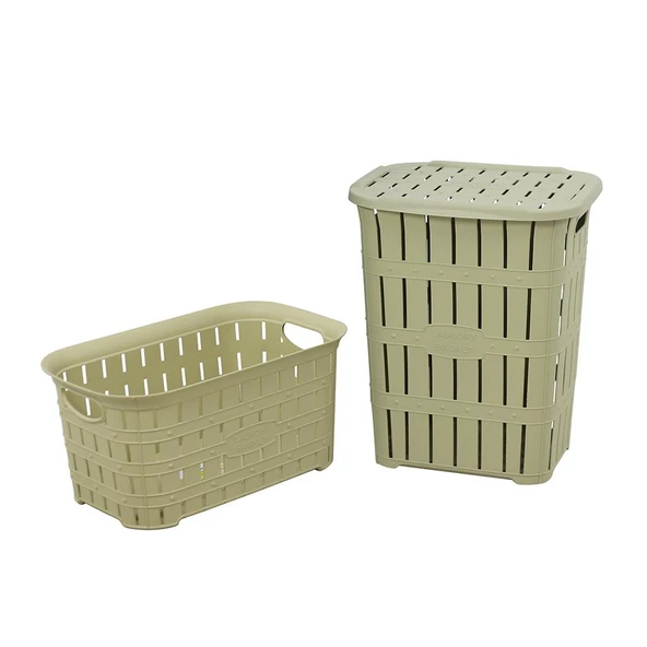 Norino Sağlam Plastik Bambu Görünümlü Kirli Çamaşır Sepeti- Çamaşır sepeti 2'li Set Çölbeji ürün görseli 1