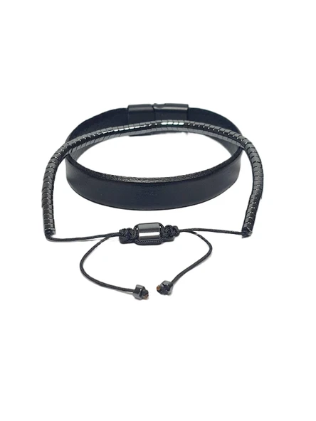 JTSS26BLK1705 HAKİKİ DERİ ALAŞIMLI METAL KİLİT HEMATİT DOĞALTAŞ İPLİ ÖRME KUTULU GARANTİLİ JANTİ KOMBİN BİLEKLİK ürün görseli 1