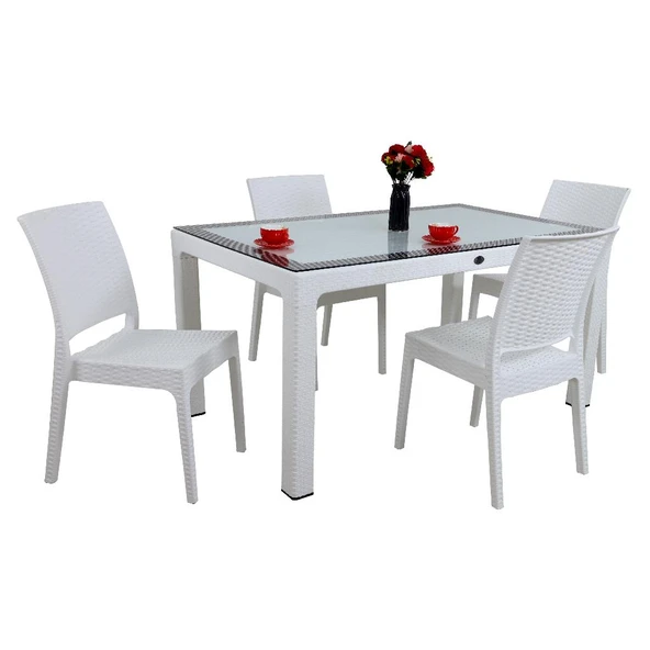 Norino Mandella Elit Rattan 90x150 4 kişilik Elit Sandalye Camlı Masa Takımı Beyaz ürün görseli 1