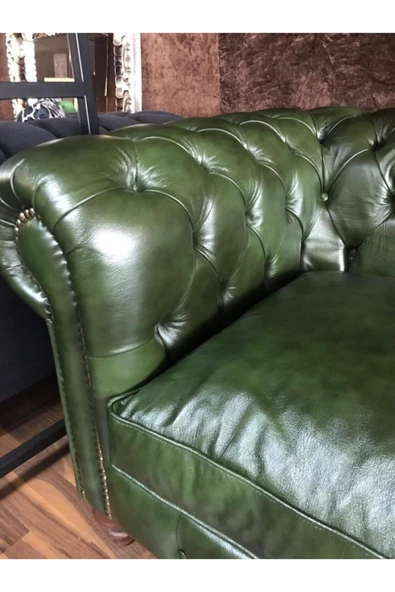 3A Mobilya Maya Yeşil Hakiki Deri Chesterfield ürün görseli 1