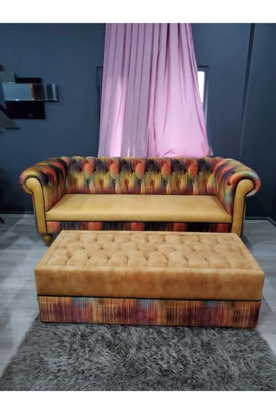 3A Mobilya Ely Chesterfield Berjer Ve Puf Takımı - Resim 5
