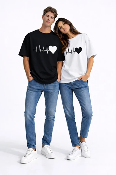 Sevgili Kombini Kalp Ritmi Baskılı Çift Tişört Oversize Unisex Partner Kombin Çift Seti ürün görseli 1
