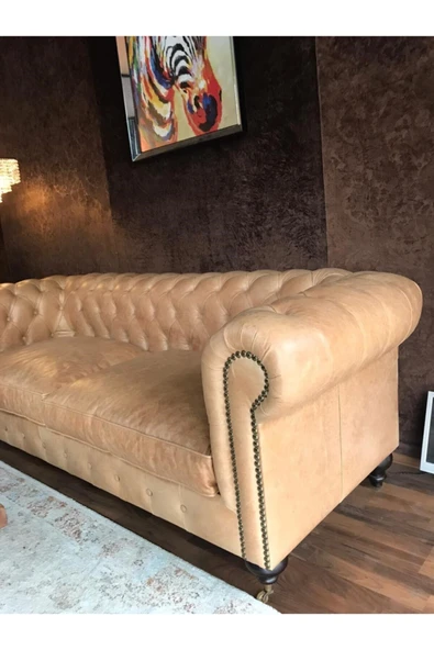 3A Mobilya 3a Bristol Taba Hakiki Deri Chesterfield - Resim 2