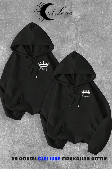 Sevgili Çift Kombin King And Queen Baskılı Özel Tasarım Kapüşonlu Sweatshirt 2li Set Takım ürün görseli 1