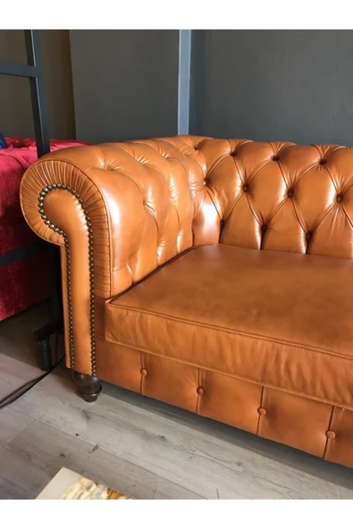3A Mobilya Hakiki Deri Maya Taba Chesterfield - Resim 5