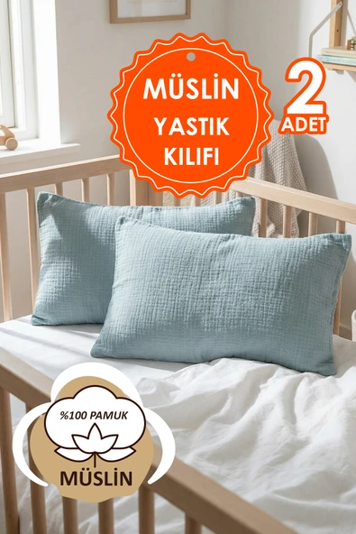 Çift Katlı Müslin Çocuk Yastık Kılıfı %100 Pamuk 35x45 cm 2’li Bebek Çocuk Kılıf Seti Mavi ürün görseli 1