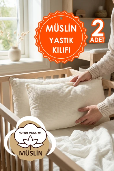 Çift Katlı Müslin Çocuk Yastık Kılıfı %100 Pamuk 35x45 cm 2’li Bebek Çocuk Kılıf Seti Ekru ürün görseli 1