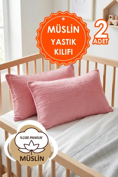 Çift Katlı Müslin Çocuk Yastık Kılıfı %100 Pamuk 35x45 cm 2’li Bebek Çocuk Kılıf Seti Gül Kurusu ürün görseli 1