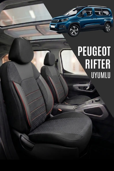 Peugeot Rifter Uyumlu Pamuklu Kumaş Araca Özel Oto Koltuk Kılıfı Tam Set Siyah Kırmızı ürün görseli 1
