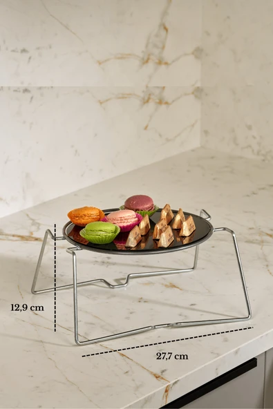 Silver Yuvarlak Servis Standı,İkramlık,Sunumluk Siyah Pleksili Metal Ayaklı Pasta Çikolata Servis Tabağı ürün görseli 1