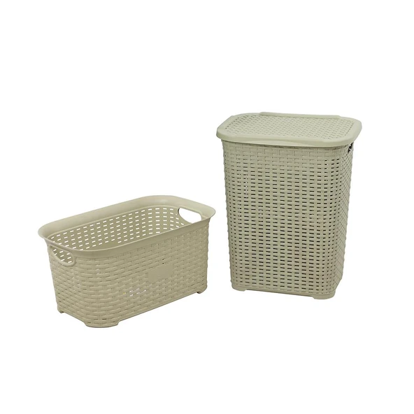 Norino Sağlam Plastik Rattan Hasır Görünümlü Kirli Çamaşır Sepeti- Çamaşır sepeti 2'li Set Çölbeji ürün görseli 1