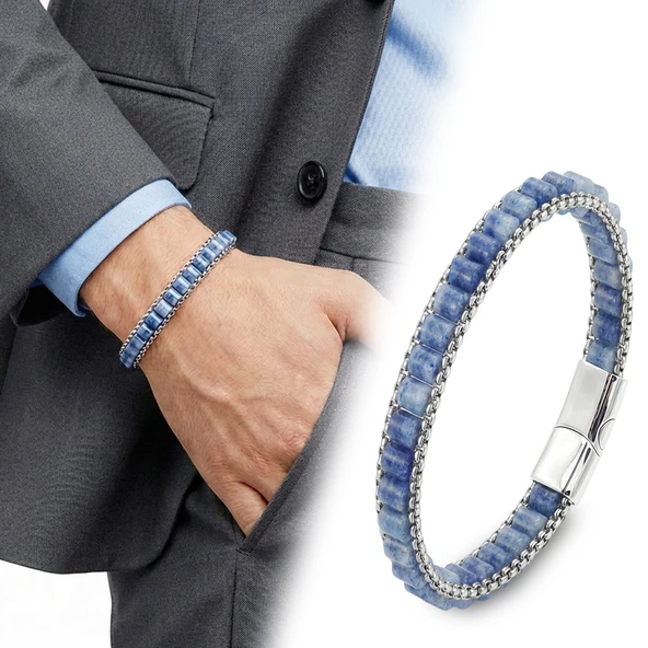 ? Premium Mavi Aventurin Doğal Taşlı Hasır Örgü Zincirli Erkek Çelik Bileklik 31832B28D12 - 20 cm ürün görseli 1