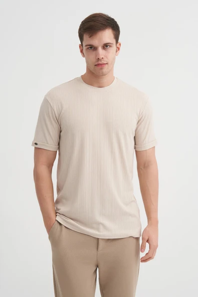 Cazador Bisiklet Yaka Dokulu Erkek T-shirt 42530 Bej ürün görseli 1