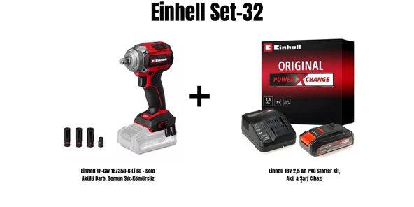 Einhell Set-32 (Einhell TP-CW 18/350-C Li BL - Solo Akülü Darb. Somun Sık-Kömürsüz+Einhell 18V 2,5 Ah PXC Starter Kit, Akü & Şarj Cihazı) ürün görseli 1