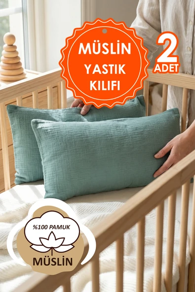 Çift Katlı Müslin Çocuk Yastık Kılıfı %100 Pamuk 35x45 cm 2’li Bebek Çocuk Kılıf Seti Yeşil ürün görseli 1