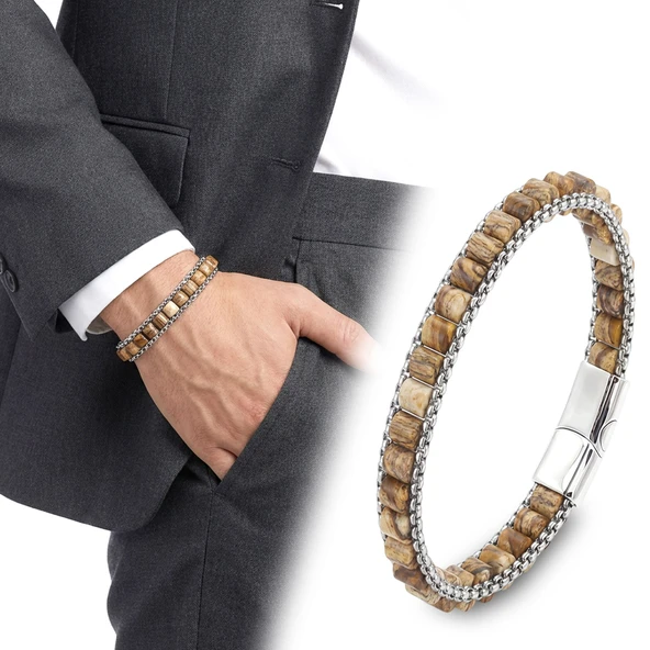 ? Premium Odun Jasper Doğal Taşlı Hasır Örgü Zincirli Erkek Çelik Bileklik 31832B28D13 - 20 cm ürün görseli 1