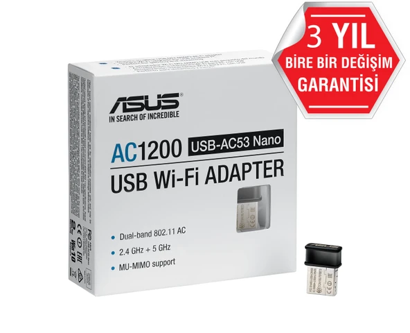 ASUS USB-AC53 Nano AC1200 Çift bant Kablosuz USB Adaptör ürün görseli 1
