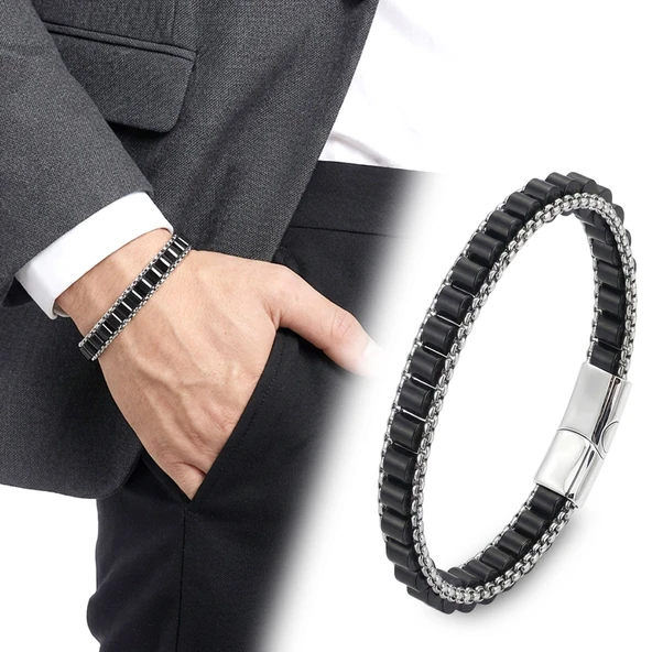 ? Premium Oniks Doğal Taşlı Hasır Örgü Zincirli Erkek Çelik Bileklik 31832B28D11 - 20 cm ürün görseli 1