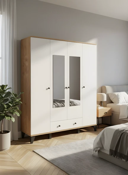 Vento Modern 4 Kapaklı Aynalı Fonksiyonel Yatak Odası & Genç Odası Elbise Dolabı - Safir Meşe ürün görseli 1