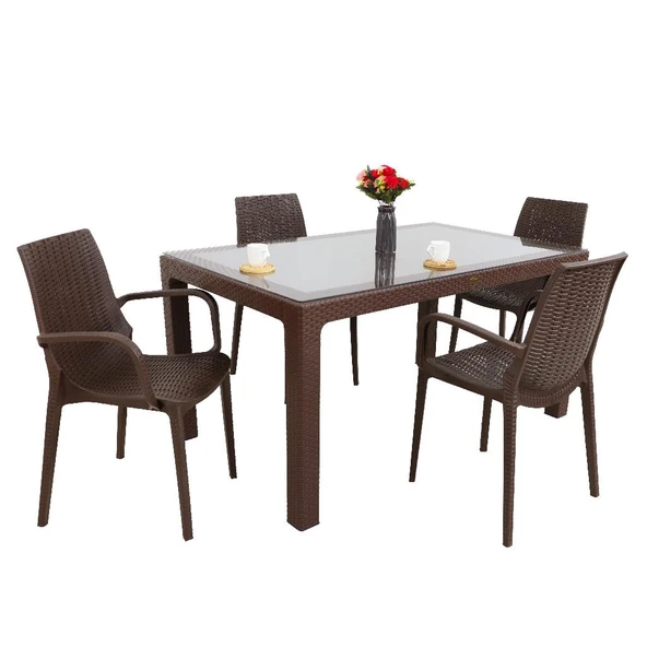 Norino Mandella Elit Rattan 90x150 4 kişilik Nirvana Koltuk Camlı Masa Takımı Kahverengi ürün görseli 1