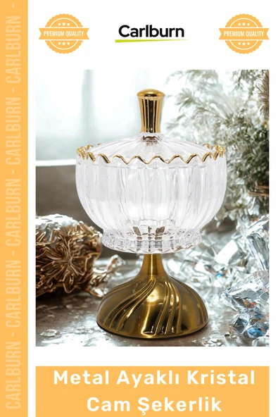 #Sunumluk Lüks Lokumluk Şık Çikolatalık Metal Ayaklı Kristal Cam Şekerlik Gold Detaylı Sunumluk ürün görseli 1