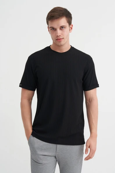 Cazador Bisiklet Yaka Dokulu Erkek T-shirt 42530 Siyah ürün görseli 1
