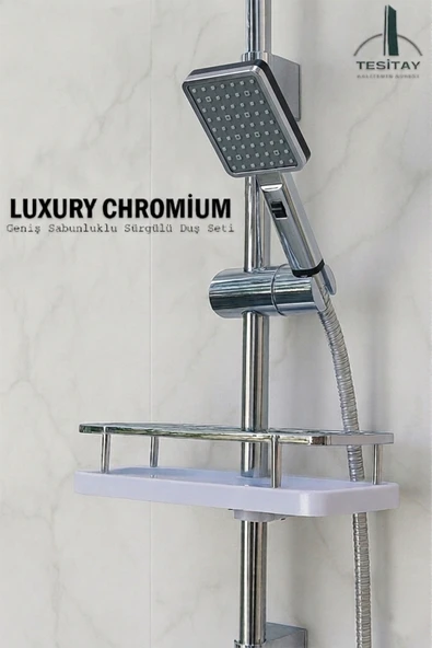 Sürgülü Duş Seti Geniş Şampuanlıklı Banyo Takımı Metalik Renk ürün görseli 1