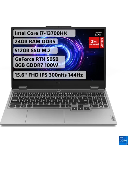 Lenovo LOQ Intel Core i7 13700HX 24GB 512GB SSD RTX5050 Freedos 15.6" FHD 144Hz Taşınabilir Bilgisayar 83JE00LATR ürün görseli 1