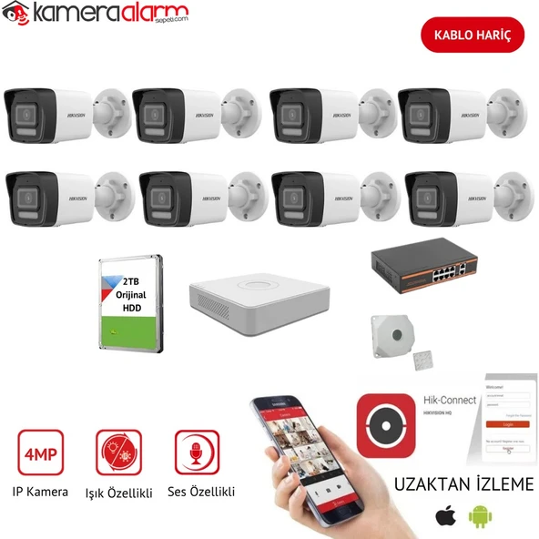 Hıkvısıon 8 Kameralı Mikrofonlu 7/24 Renkli Görüşlü 4mp Ip Kamera Seti ürün görseli 1