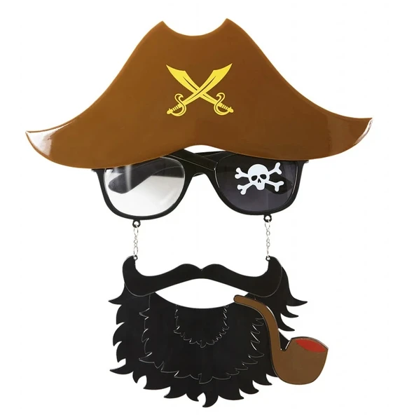 Kahve Renk Şapkalı Siyah Sakallı Pipolu Jack Sparrow Denizci Korsan Gözlüğü 24x25 cm ürün görseli 1