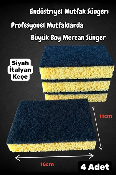 Technow Lüx İtalyan Keçeli Kaliteli Endüstriyel Catering/Restaurant Büyük Boy Mercan Bulaşık Süngeri 4 Adet ürün görseli 1