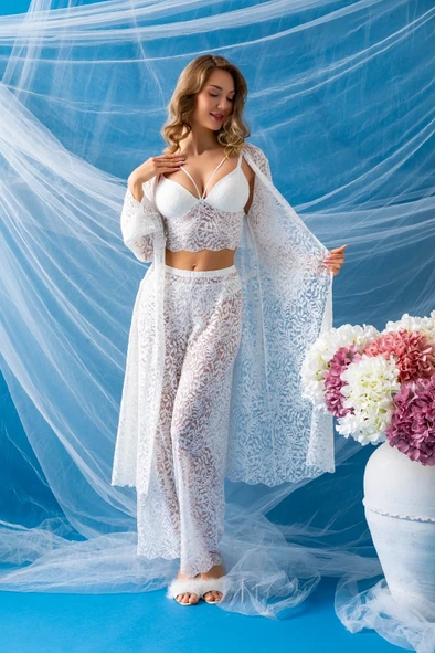 Gallipoli 32334 Kadın Danteelli Sabahlık Bralet, Pantolon Takım ürün görseli 1
