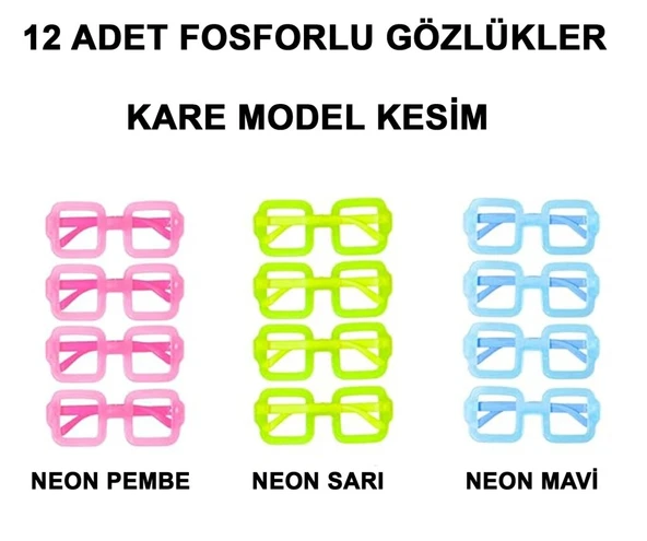   Fosforlu Kare Model Glow Parti Gözlüğü Karanlıkta Yanan Gözlükler 12 Adet ürün görseli 1