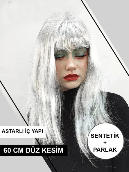 Platin Gri Gümüş Renk Uzun Parti Peruğu Uzun Takma Peruk P147370S9383 ürün görseli 1