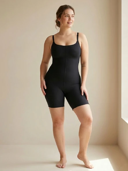 U&ME Ayarlanabilir Askılı, Toparlayıcı, Şekillendirici Tek Parça Kadın Korse Kısa Şort Paça Slim Fit Body Shapewear Siyah ürün görseli 1