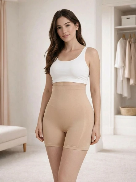 U&ME Yüksek Bel Paçalı Slim Fit Kadın Korse, Karın Düzleştirici, Kalça Toparlayıcı, İncelten Şekillendirici Shapewear Ten ürün görseli 1
