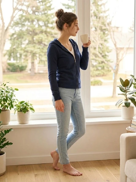 U&ME Kapüşonlu Dar Kesim Boydan Fermuarlı Crop Slim Fit Ribana Kadın Sweatshirt Koyu Lacivert ürün görseli 1