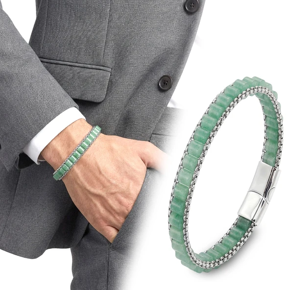 ? Premium Yeşil Aventurin Doğal Taşlı Hasır Örgü Zincirli Erkek Çelik Bileklik 31832B28D14 - 20 cm ürün görseli 1