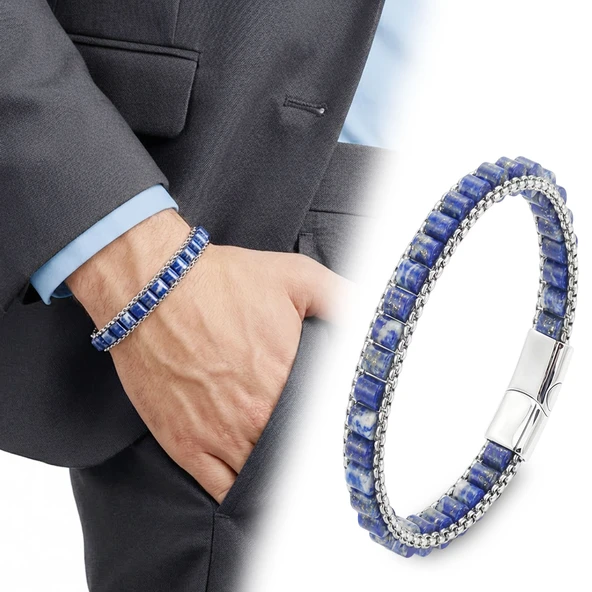 ? Premium Lapis Doğal Taşlı Hasır Örgü Zincirli Erkek Çelik Bileklik 31832B28D17 - 20 cm ürün görseli 1